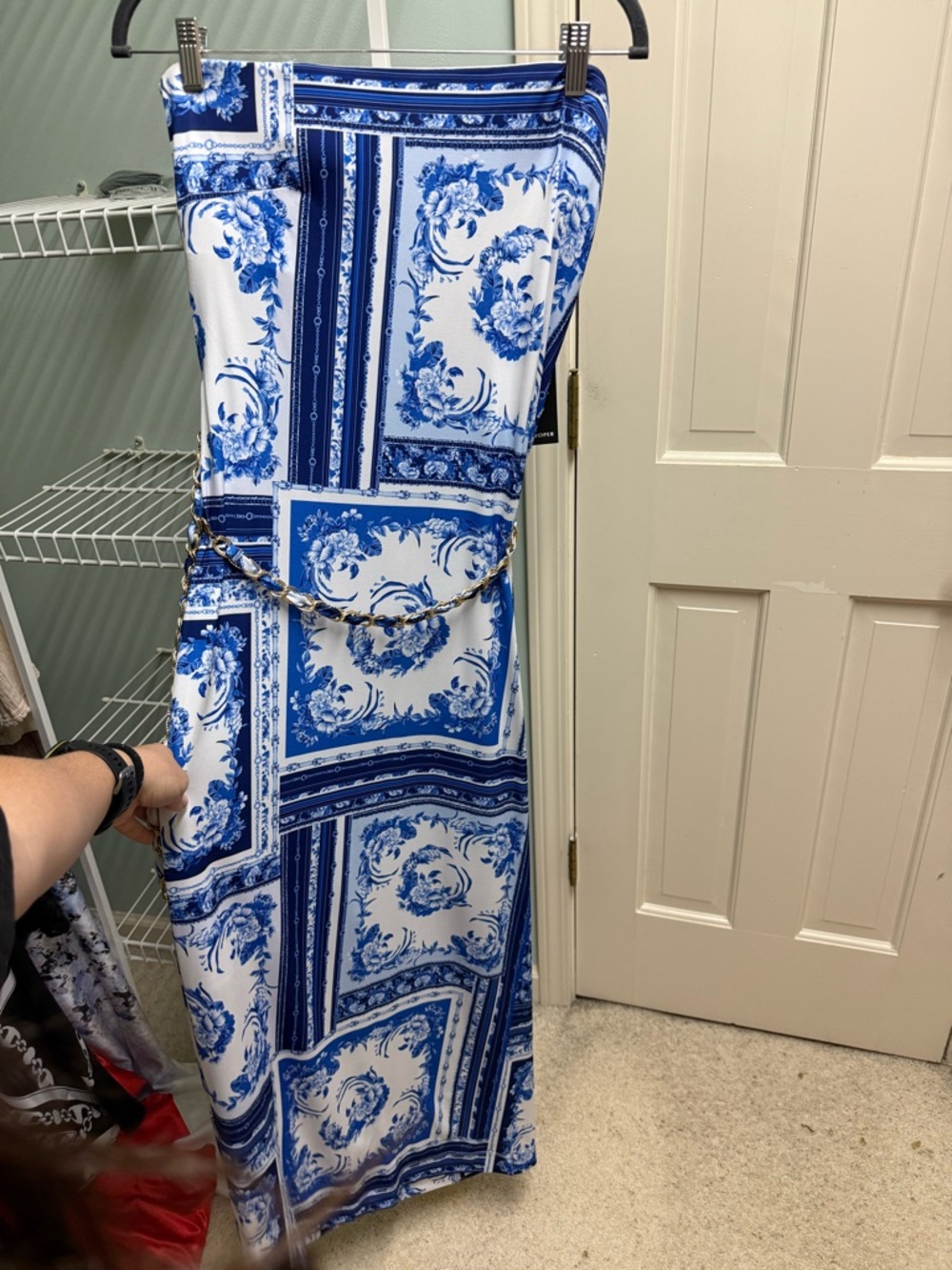 Boston Proper Blue and White Tile-Print Maxi Dress with Chain Accent